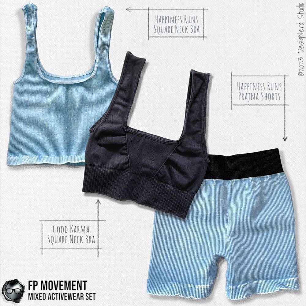 FP MOVEMENT SET: GOOD KARMA BRA + HAPPINESS RUNS BRA + PRAJNA SHORTS LIGHT BLUE